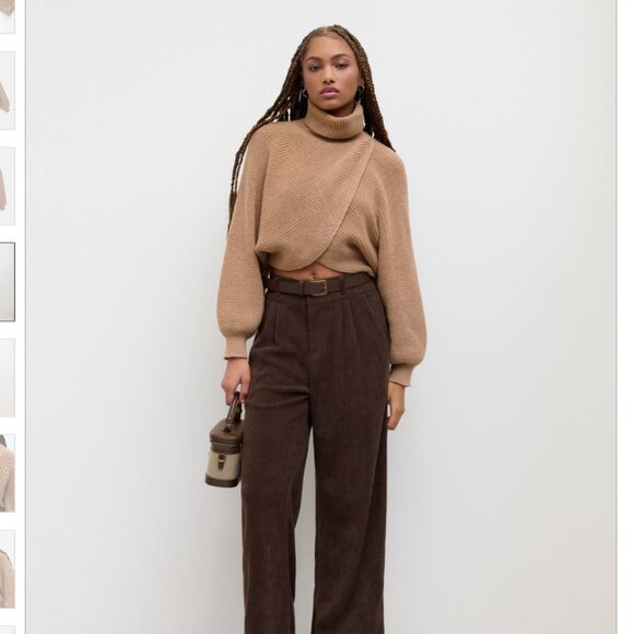 Cider High Neck Solid Knitted Long Sleeve Crop Sweater in Khaki SZ LG - Picture 2 of 4